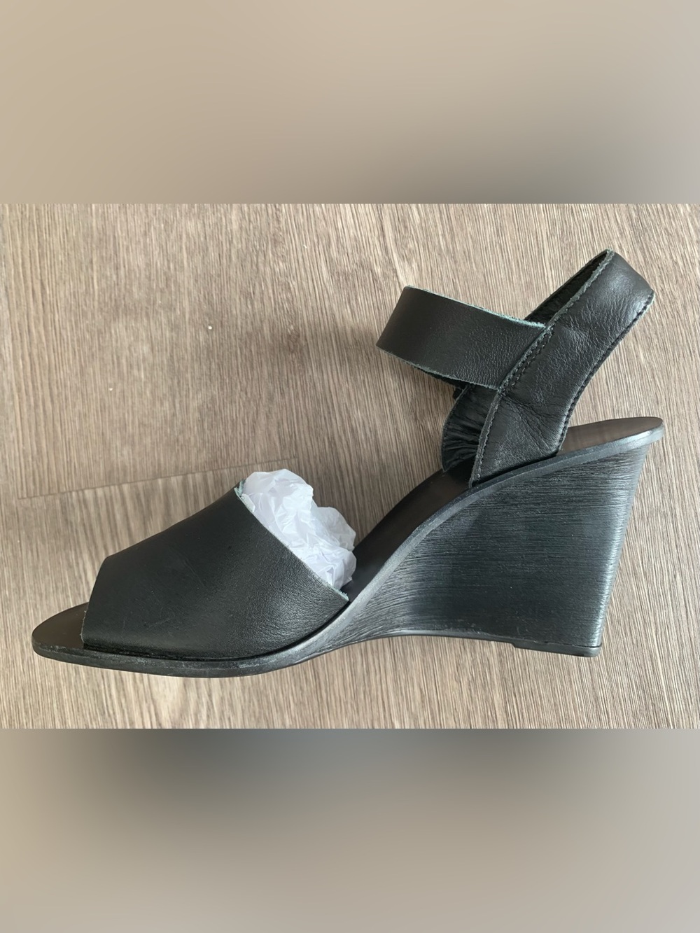 Via Mia Black Genuine Leather Wedge Sandals
